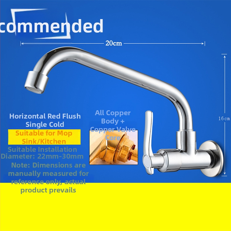 Kuchynský drezový kohút, nástenný, meď, iba studená voda, moderný minimalistický štýl, celokovový ventil, ručné ovládanie, jednosed dizajn