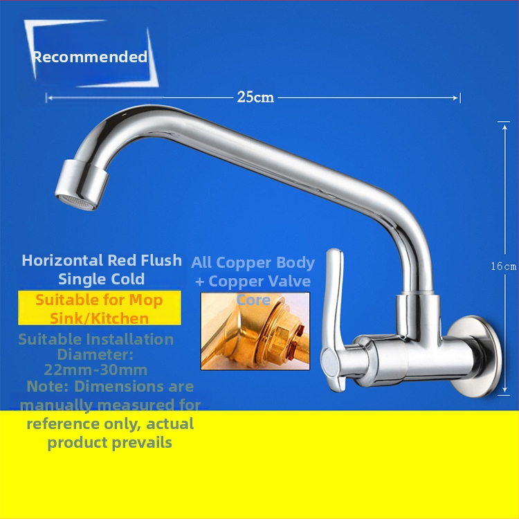 Kuchynský drezový kohút, nástenný, meď, iba studená voda, moderný minimalistický štýl, celokovový ventil, ručné ovládanie, jednosed dizajn