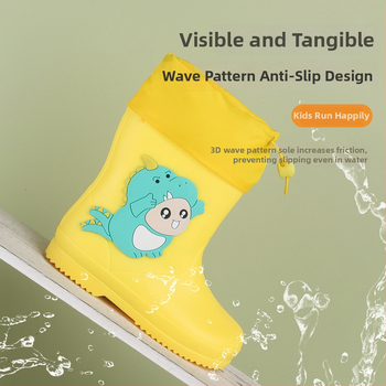 Ghete de ploaie pentru copii cu dinozaur – partea superioară din PVC, toc plat, înălțime medie a tubului, talpă antiderapantă, unisex, vârste 1–12