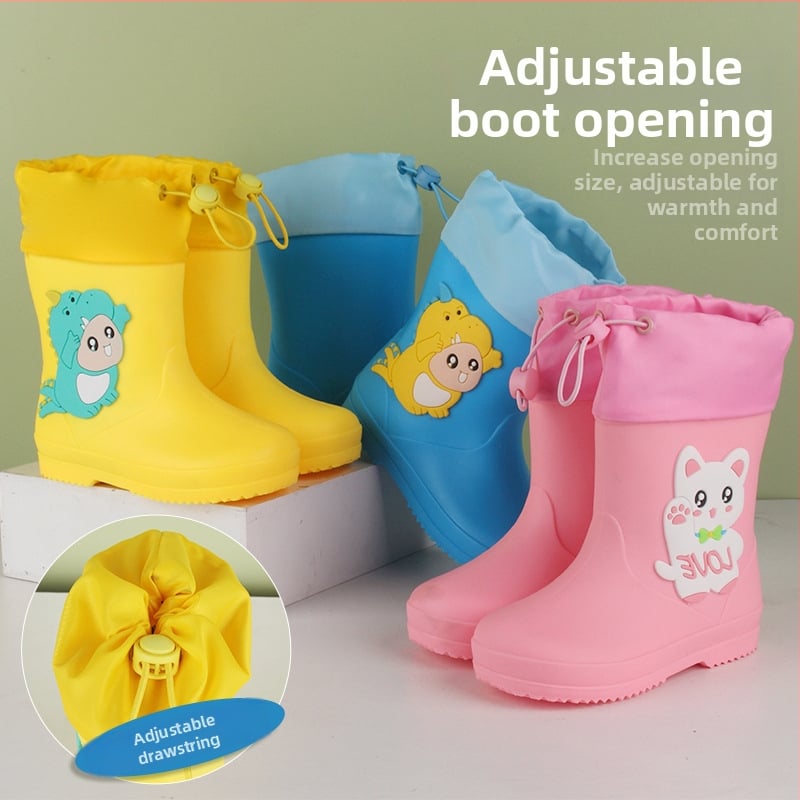 Ghete de ploaie pentru copii cu dinozaur – partea superioară din PVC, toc plat, înălțime medie a tubului, talpă antiderapantă, unisex, vârste 1–12