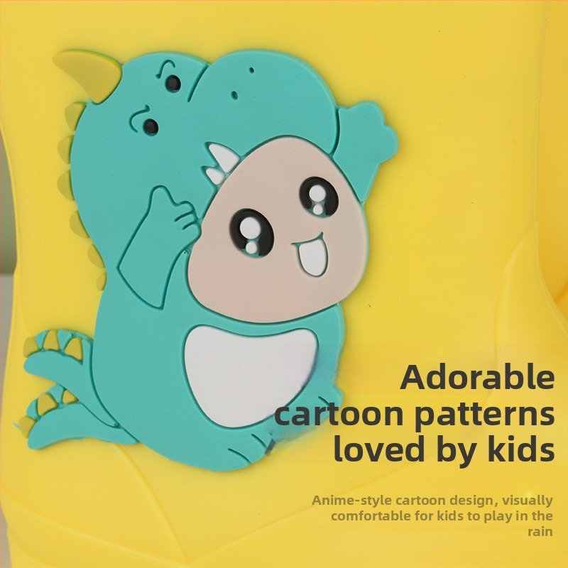 Ghete de ploaie pentru copii cu dinozaur – partea superioară din PVC, toc plat, înălțime medie a tubului, talpă antiderapantă, unisex, vârste 1–12