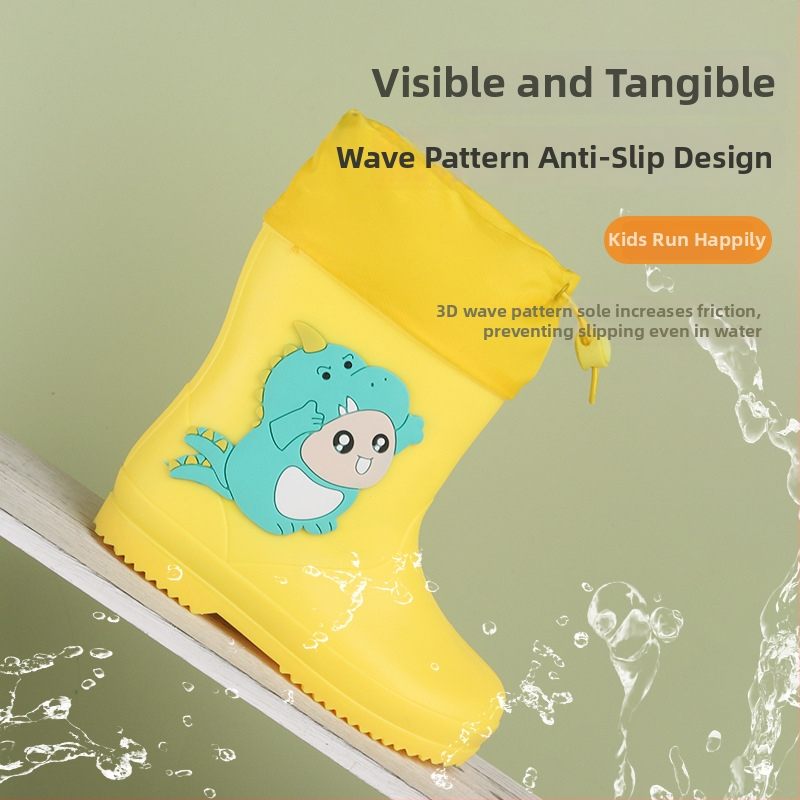 Ghete de ploaie pentru copii cu dinozaur – partea superioară din PVC, toc plat, înălțime medie a tubului, talpă antiderapantă, unisex, vârste 1–12