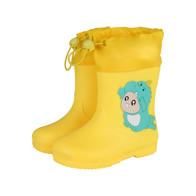 Ghete de ploaie pentru copii cu dinozaur – partea superioară din PVC, toc plat, înălțime medie a tubului, talpă antiderapantă, unisex, vârste 1–12