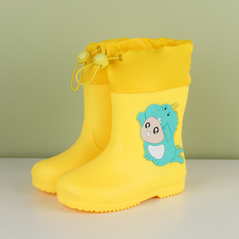 Ghete de ploaie pentru copii cu dinozaur – partea superioară din PVC, toc plat, înălțime medie a tubului, talpă antiderapantă, unisex, vârste 1–12