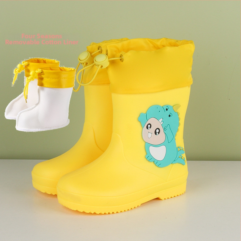 Ghete de ploaie pentru copii cu dinozaur – partea superioară din PVC, toc plat, înălțime medie a tubului, talpă antiderapantă, unisex, vârste 1–12