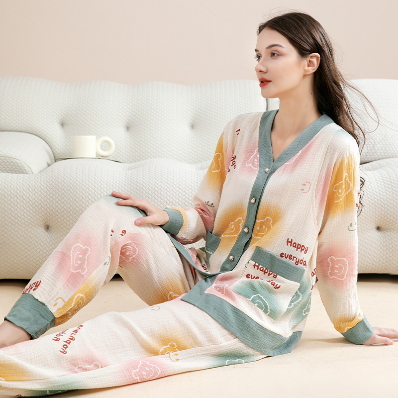 Σετ πιτζάμες εγκυμοσύνης από καθαρή βαμβακερή γάζα, φθινοπωρινό, μακριά μανίκια, θηλασμός, άνετο οικιακό ντύσιμο