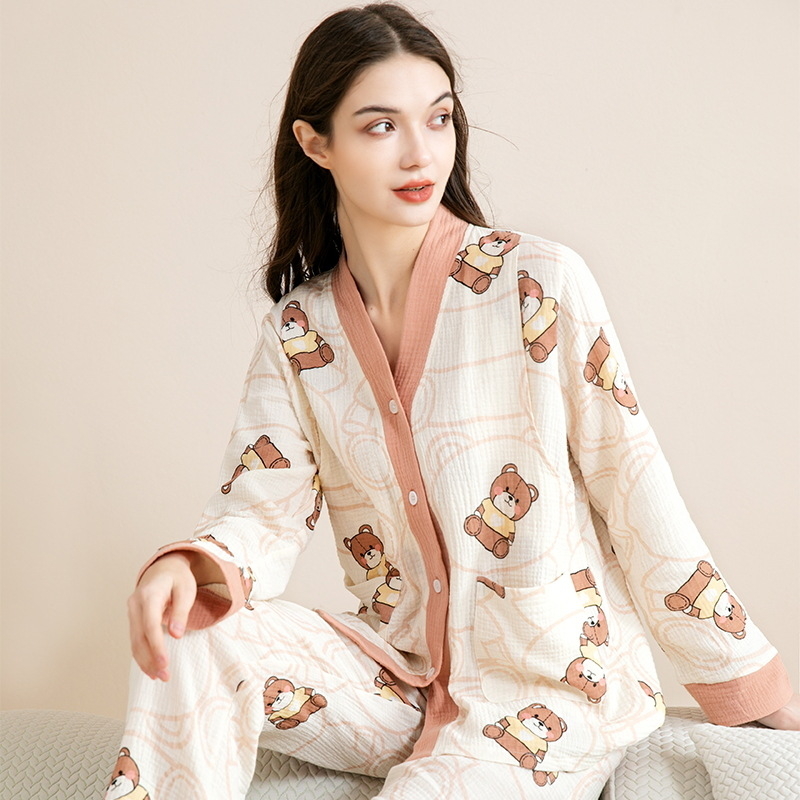 Σετ πιτζάμες εγκυμοσύνης από καθαρή βαμβακερή γάζα, φθινοπωρινό, μακριά μανίκια, θηλασμός, άνετο οικιακό ντύσιμο