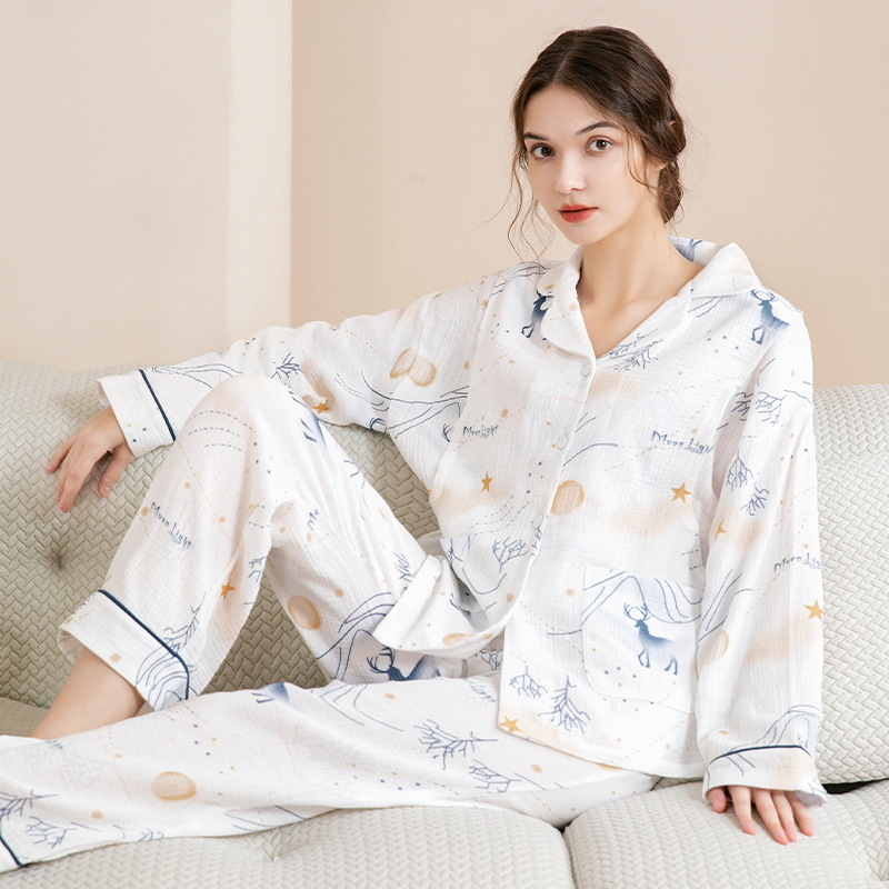 Σετ πιτζάμες εγκυμοσύνης από καθαρή βαμβακερή γάζα, φθινοπωρινό, μακριά μανίκια, θηλασμός, άνετο οικιακό ντύσιμο