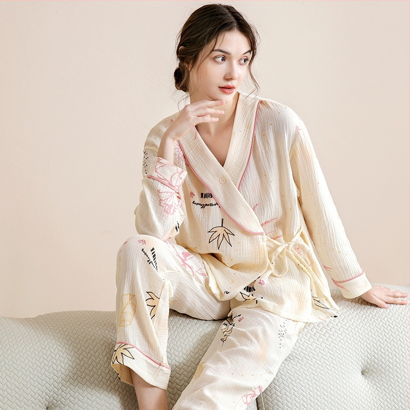 Σετ πιτζάμες εγκυμοσύνης από καθαρή βαμβακερή γάζα, φθινοπωρινό, μακριά μανίκια, θηλασμός, άνετο οικιακό ντύσιμο