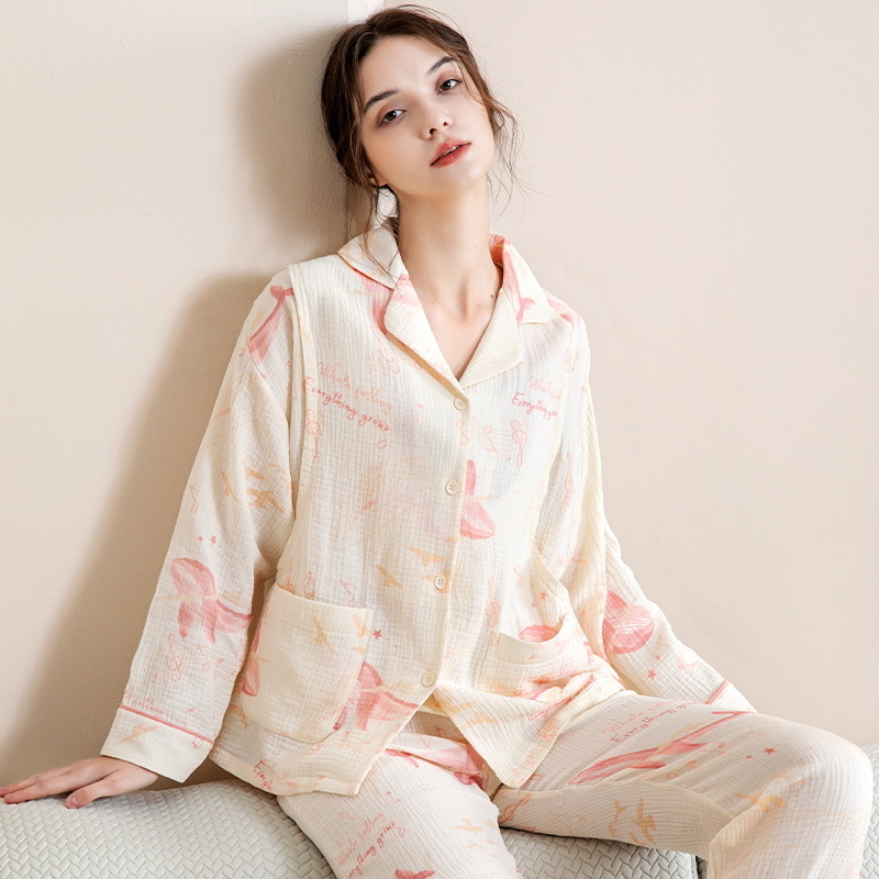 Σετ πιτζάμες εγκυμοσύνης από καθαρή βαμβακερή γάζα, φθινοπωρινό, μακριά μανίκια, θηλασμός, άνετο οικιακό ντύσιμο