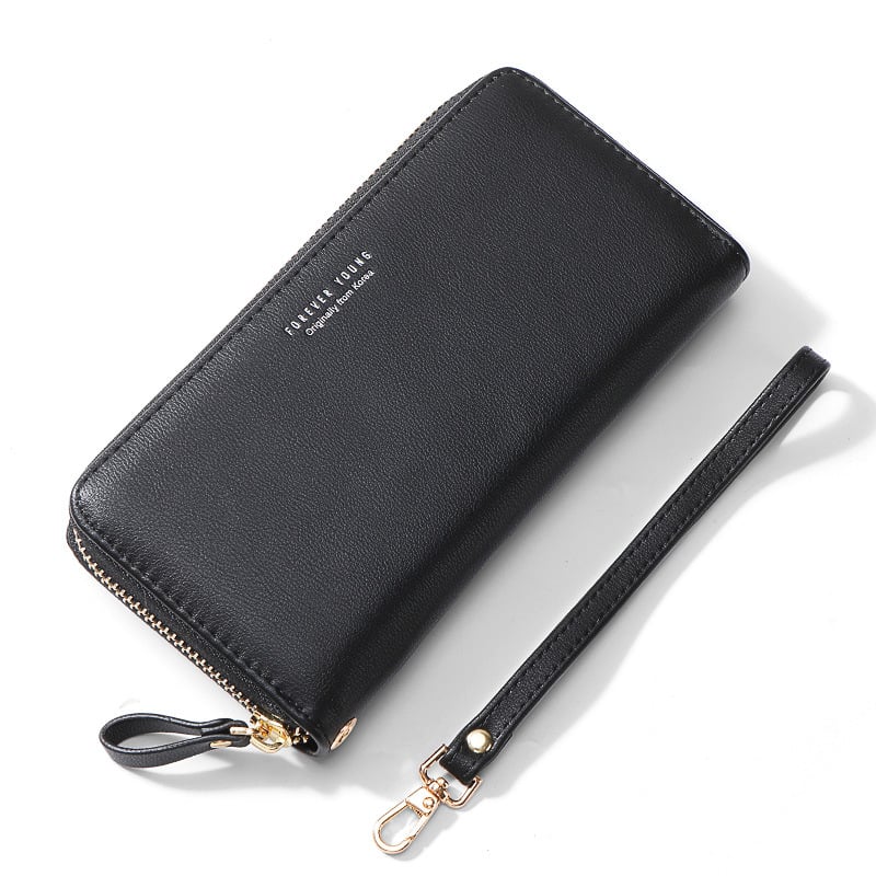 Portofel lung pentru femei cu fermoar, piele PU, stil plic, capacitate mare, buzunare pentru telefon și documente, FOREVER YOUNG