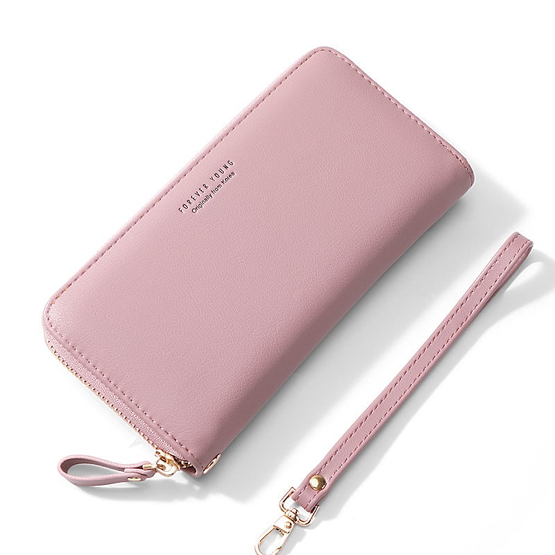Portofel lung pentru femei cu fermoar, piele PU, stil plic, capacitate mare, buzunare pentru telefon și documente, FOREVER YOUNG