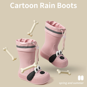 Cizme de ploaie pentru copii, model Cartoon, partea superioară din PVC, înălțime mid-calf, căptușite cu fleece, unisex, vârste 13–16