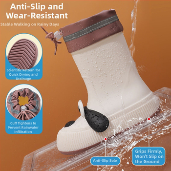 Cizme de ploaie pentru copii, model Cartoon, partea superioară din PVC, înălțime mid-calf, căptușite cu fleece, unisex, vârste 13–16