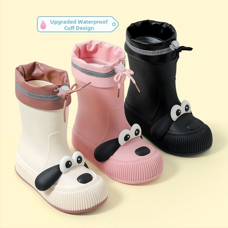 Cizme de ploaie pentru copii, model Cartoon, partea superioară din PVC, înălțime mid-calf, căptușite cu fleece, unisex, vârste 13–16