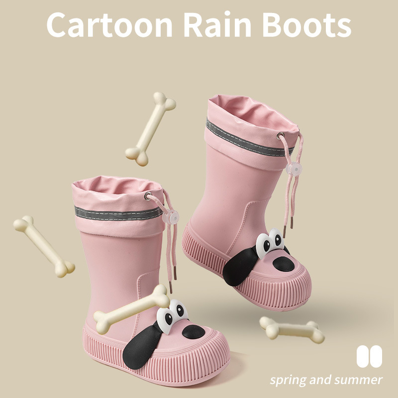 Cizme de ploaie pentru copii, model Cartoon, partea superioară din PVC, înălțime mid-calf, căptușite cu fleece, unisex, vârste 13–16