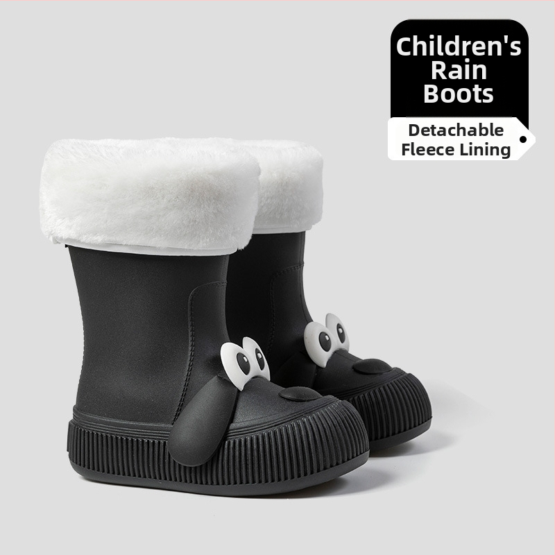 Cizme de ploaie pentru copii, model Cartoon, partea superioară din PVC, înălțime mid-calf, căptușite cu fleece, unisex, vârste 13–16