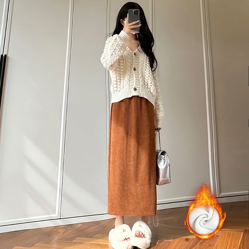 Flísová podšité sukňa s vysokým pásom, priliehavá na boky, strednej dĺžky, s chrbtovým rozparkom, jesenná-zimná, spandexová zmes