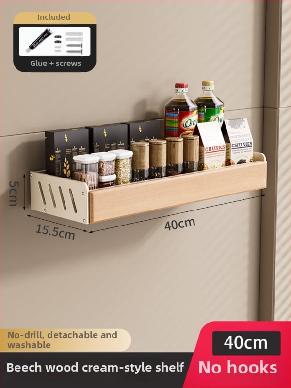 Kuhinjski regal iz drvenog drveta, krem stil – zidni, bez bušenja, odvojivi i perivi, višenamjenski spremnik za začine i nože