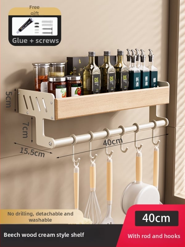 Kuhinjski regal iz drvenog drveta, krem stil – zidni, bez bušenja, odvojivi i perivi, višenamjenski spremnik za začine i nože