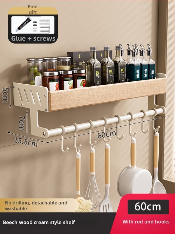 Kuhinjski regal iz drvenog drveta, krem stil – zidni, bez bušenja, odvojivi i perivi, višenamjenski spremnik za začine i nože