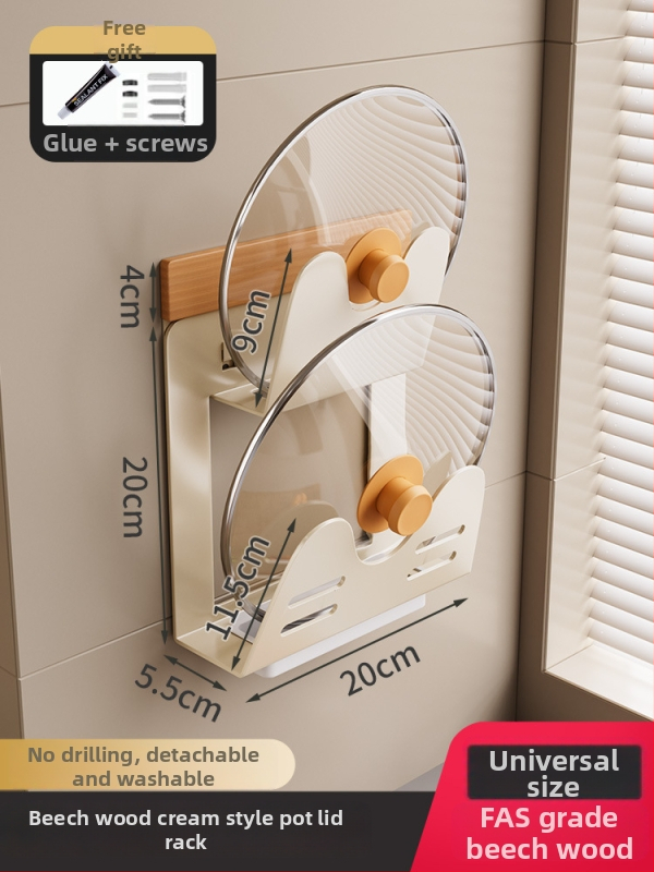 Kuhinjski regal iz drvenog drveta, krem stil – zidni, bez bušenja, odvojivi i perivi, višenamjenski spremnik za začine i nože