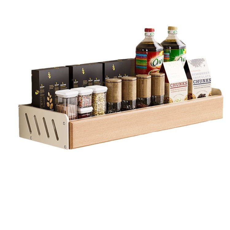 Kuhinjski regal iz drvenog drveta, krem stil – zidni, bez bušenja, odvojivi i perivi, višenamjenski spremnik za začine i nože