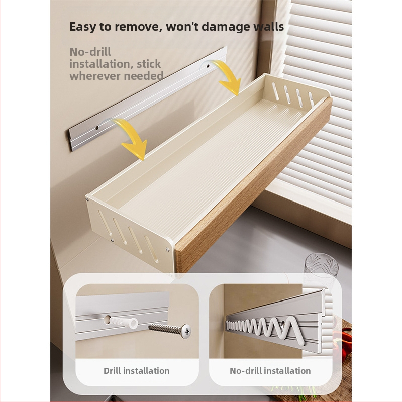 Kremový štýl drevený kuchynský regál - na stenu, bez vŕtania, odnímateľný a umývateľný, multifunkčné skladovanie korenín a nožov