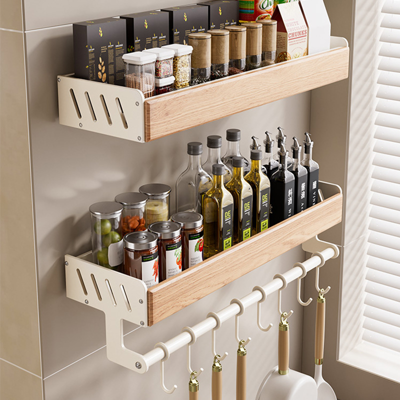 Kuhinjski regal iz drvenog drveta, krem stil – zidni, bez bušenja, odvojivi i perivi, višenamjenski spremnik za začine i nože