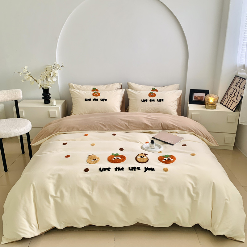 Set de pat din 4 piese, din bumbac 100%, finisaj periat, imprimare și vopsire reactive, model desen animat, potrivit pentru toate sezoanele