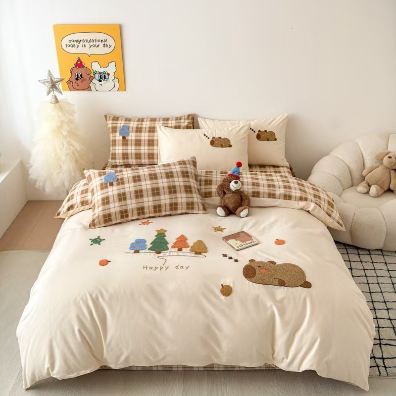 Set de pat din 4 piese, din bumbac 100%, finisaj periat, imprimare și vopsire reactive, model desen animat, potrivit pentru toate sezoanele