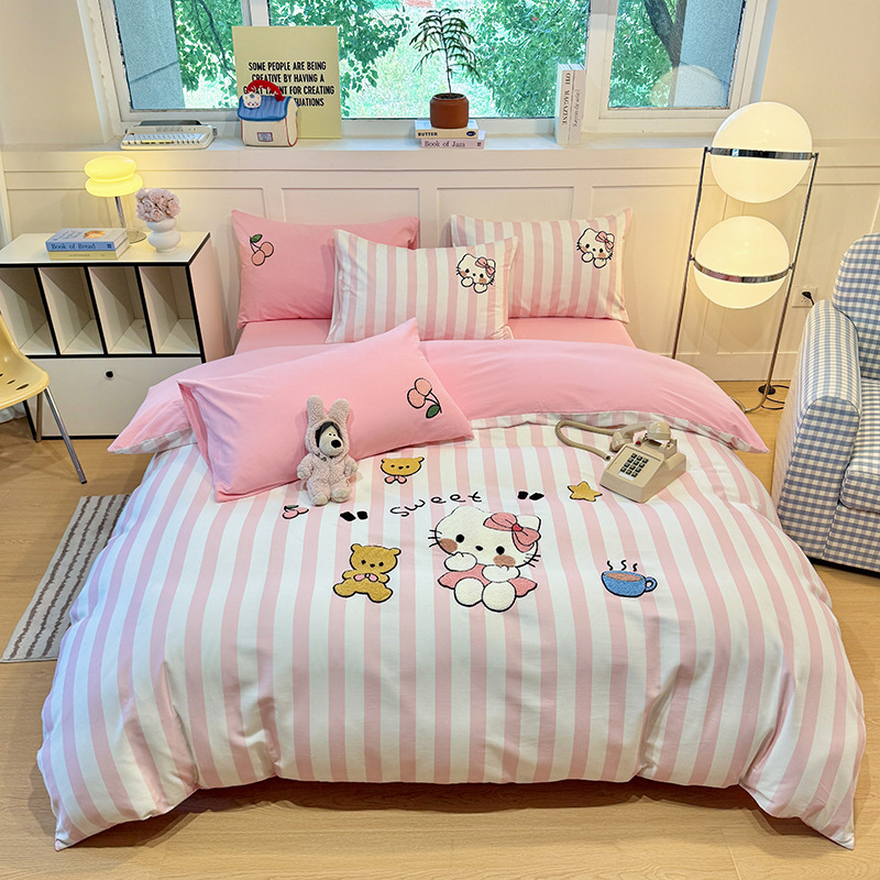 Set de pat din 4 piese, din bumbac 100%, finisaj periat, imprimare și vopsire reactive, model desen animat, potrivit pentru toate sezoanele