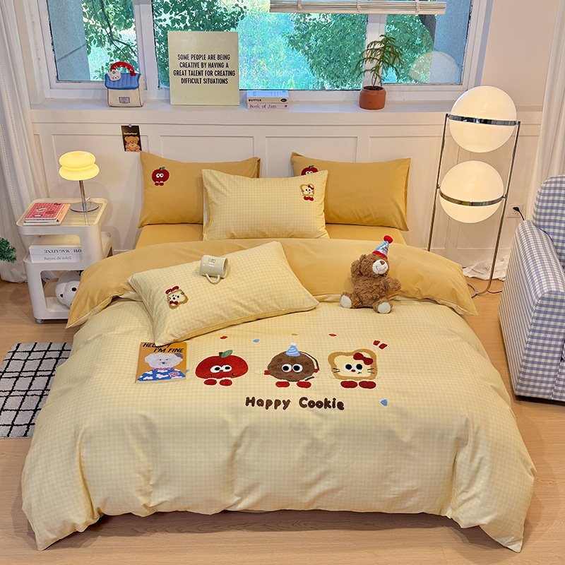 Set de pat din 4 piese, din bumbac 100%, finisaj periat, imprimare și vopsire reactive, model desen animat, potrivit pentru toate sezoanele