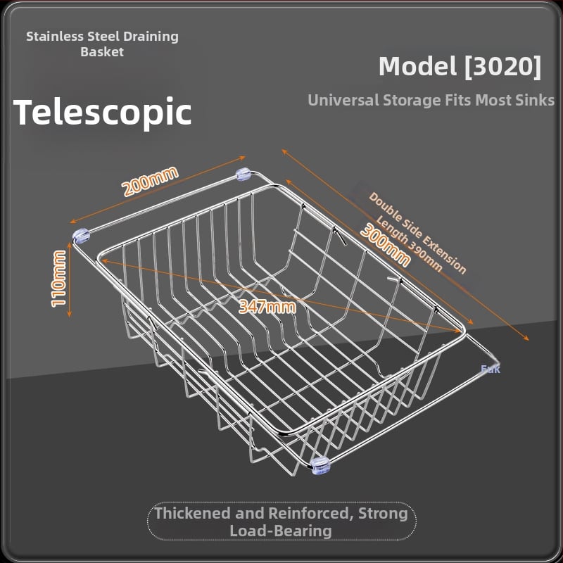 Τελεσκοπικός κάδος από ανοξείδωτο χάλυβα 201 με λαβή — αναδιπλούμενο ράφι κουζίνας για πλύσιμο λαχανικών, μοντέρνος μινιμαλιστικός σχεδιασμός
