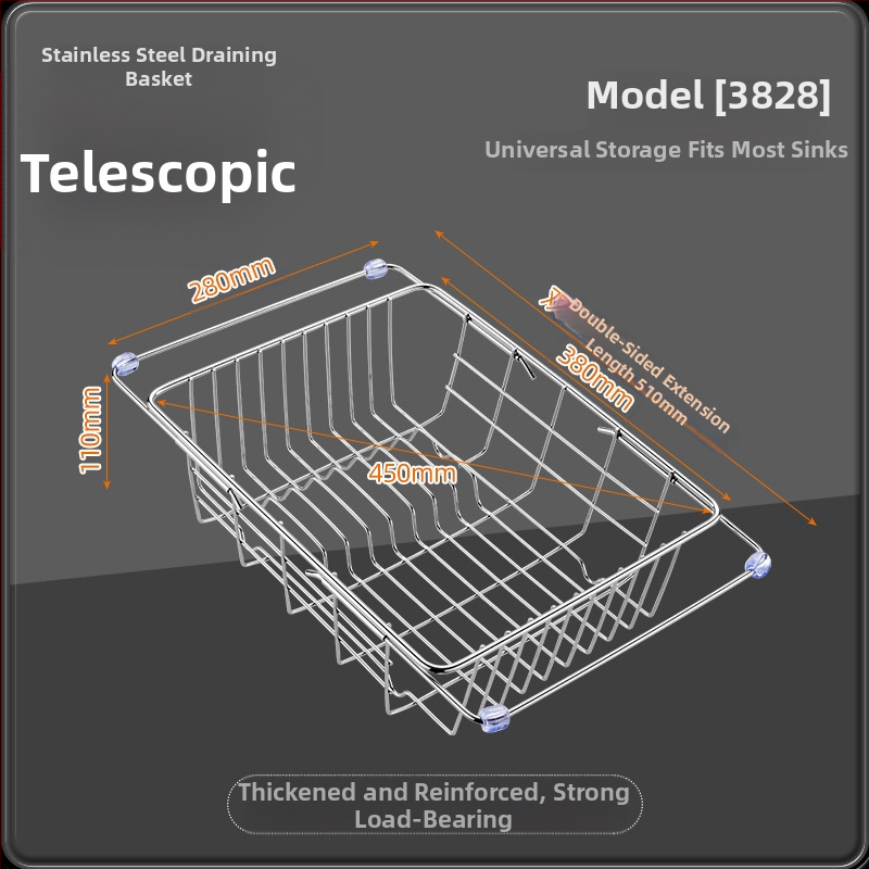 Τελεσκοπικός κάδος από ανοξείδωτο χάλυβα 201 με λαβή — αναδιπλούμενο ράφι κουζίνας για πλύσιμο λαχανικών, μοντέρνος μινιμαλιστικός σχεδιασμός
