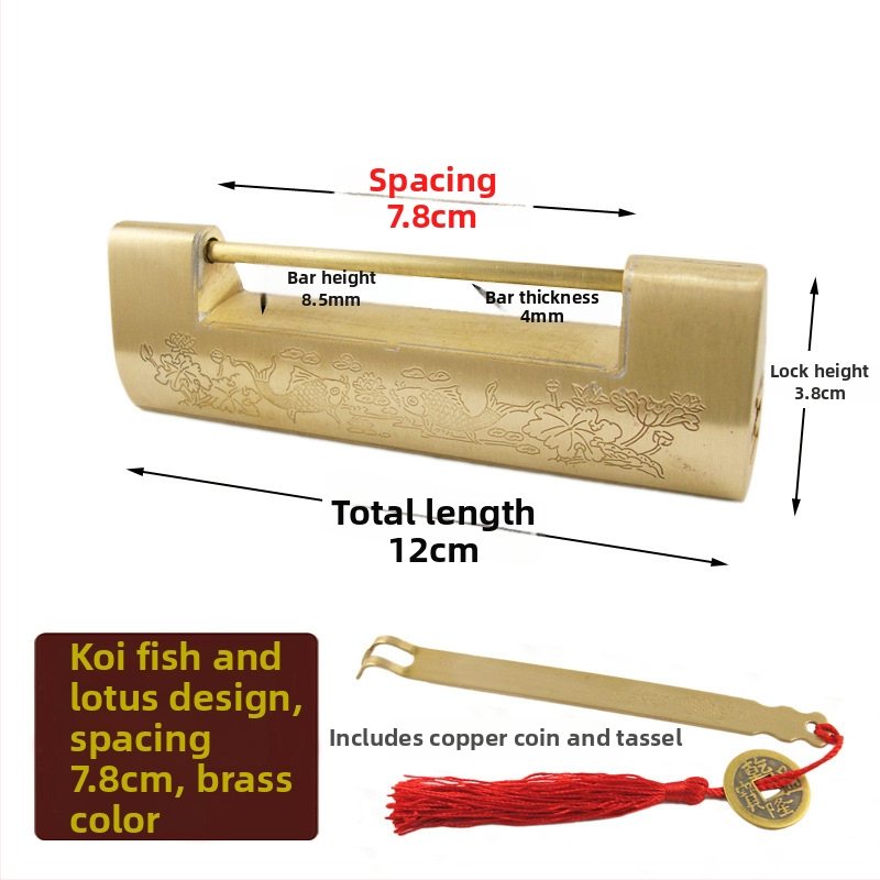 Horizontálny visací zámok na skrinku z mosadz, nový Čínske štýl, staro-retro vzhľad, model Thickened Lock, značka Chengyu