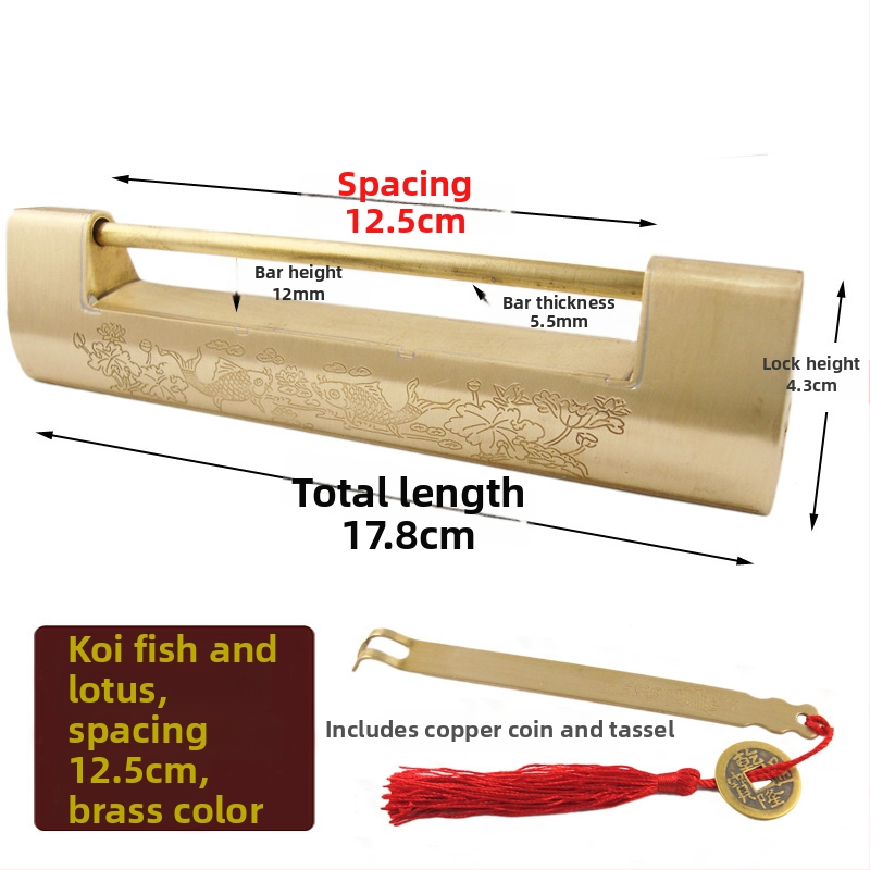 Horizontálny visací zámok na skrinku z mosadz, nový Čínske štýl, staro-retro vzhľad, model Thickened Lock, značka Chengyu