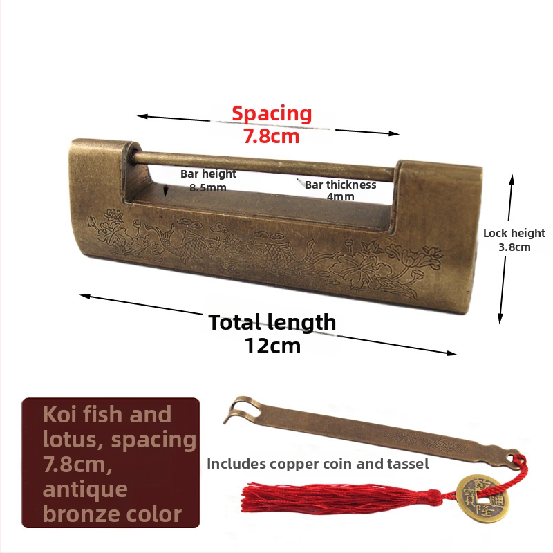 Horizontálny visací zámok na skrinku z mosadz, nový Čínske štýl, staro-retro vzhľad, model Thickened Lock, značka Chengyu