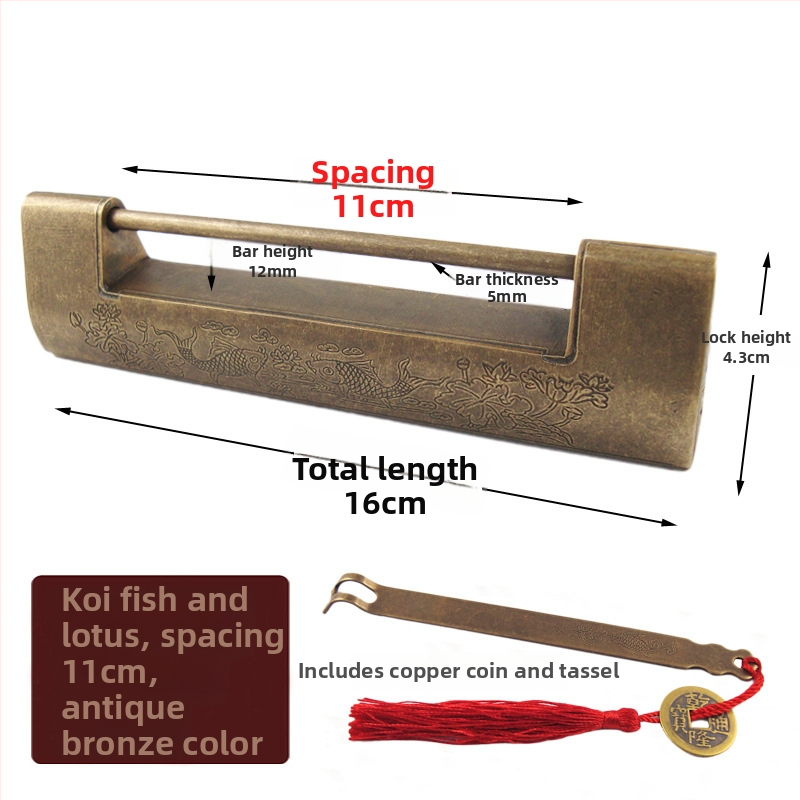 Horizontálny visací zámok na skrinku z mosadz, nový Čínske štýl, staro-retro vzhľad, model Thickened Lock, značka Chengyu