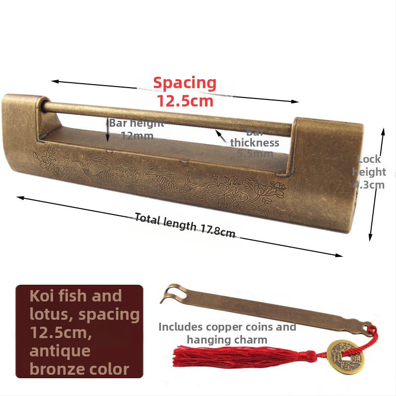 Horizontálny visací zámok na skrinku z mosadz, nový Čínske štýl, staro-retro vzhľad, model Thickened Lock, značka Chengyu
