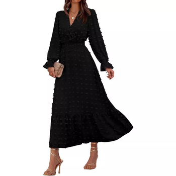 Ženska jesenja haljina s dugim rukavima, V izrezom, boemski stil, A-linija, duga haljina (leden svila; V izrez; dugi rukavi; A-linija; duga haljina)