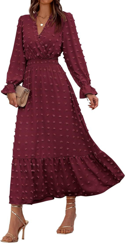 Ženska jesenja haljina s dugim rukavima, V izrezom, boemski stil, A-linija, duga haljina (leden svila; V izrez; dugi rukavi; A-linija; duga haljina)