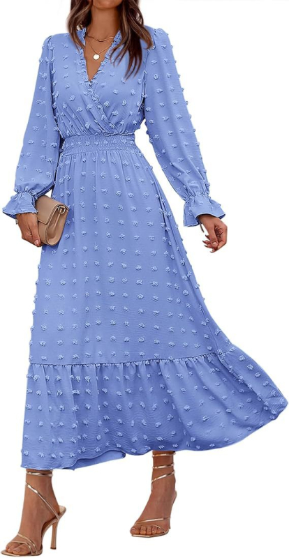 Ženska jesenja haljina s dugim rukavima, V izrezom, boemski stil, A-linija, duga haljina (leden svila; V izrez; dugi rukavi; A-linija; duga haljina)