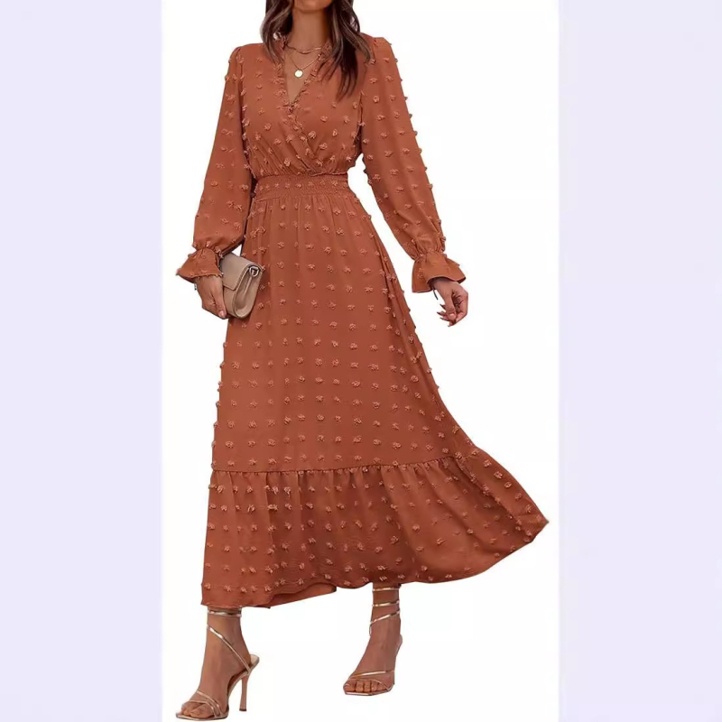 Ženska jesenja haljina s dugim rukavima, V izrezom, boemski stil, A-linija, duga haljina (leden svila; V izrez; dugi rukavi; A-linija; duga haljina)
