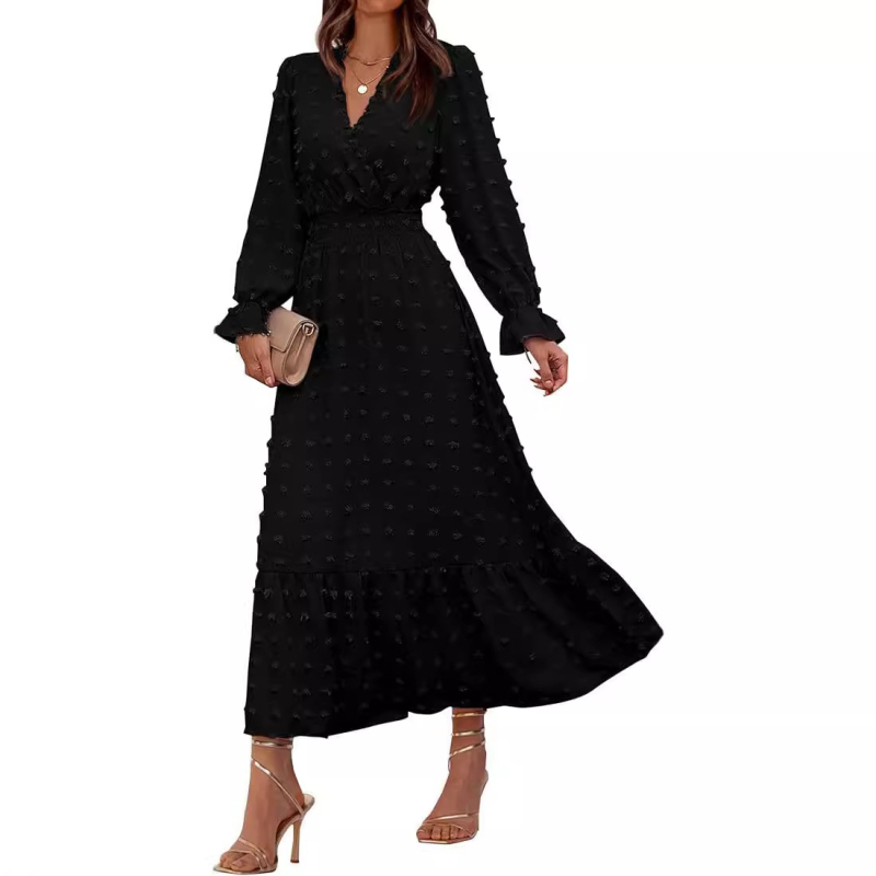 Ženska jesenja haljina s dugim rukavima, V izrezom, boemski stil, A-linija, duga haljina (leden svila; V izrez; dugi rukavi; A-linija; duga haljina)