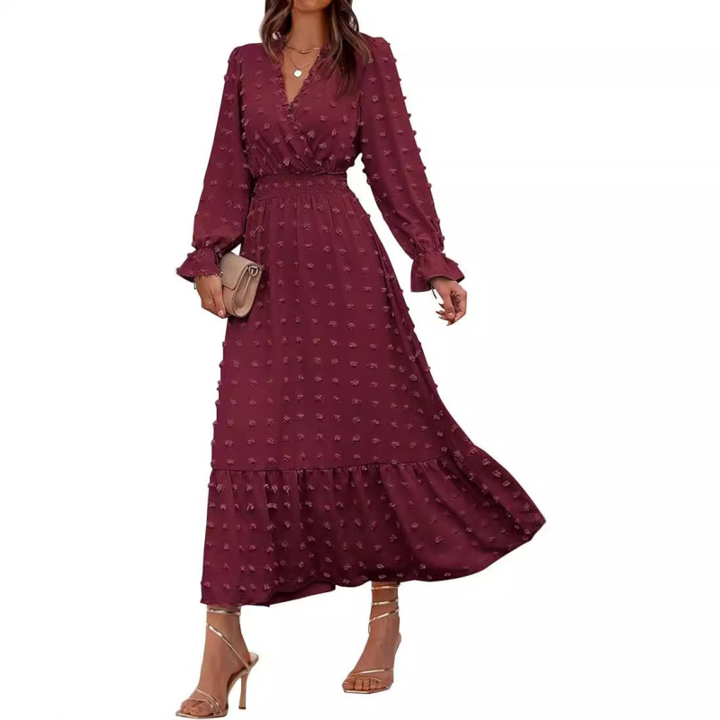 Ženska jesenja haljina s dugim rukavima, V izrezom, boemski stil, A-linija, duga haljina (leden svila; V izrez; dugi rukavi; A-linija; duga haljina)