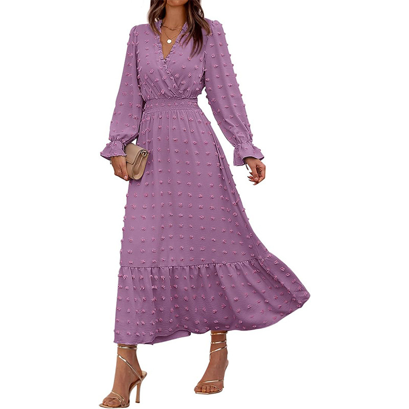 Ženska jesenja haljina s dugim rukavima, V izrezom, boemski stil, A-linija, duga haljina (leden svila; V izrez; dugi rukavi; A-linija; duga haljina)