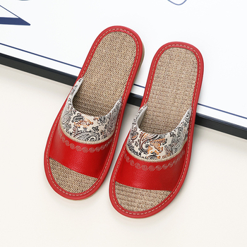 Унисекс домашни пантофи с бродирана ленена горна част от телешка кожа и подметка от телешина, шиена конструкция, дишащи, противохлъзгащи, ретро стил