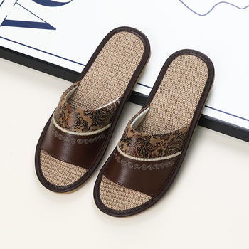 Унисекс домашни пантофи с бродирана ленена горна част от телешка кожа и подметка от телешина, шиена конструкция, дишащи, противохлъзгащи, ретро стил
