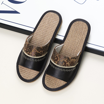 Унисекс домашни пантофи с бродирана ленена горна част от телешка кожа и подметка от телешина, шиена конструкция, дишащи, противохлъзгащи, ретро стил